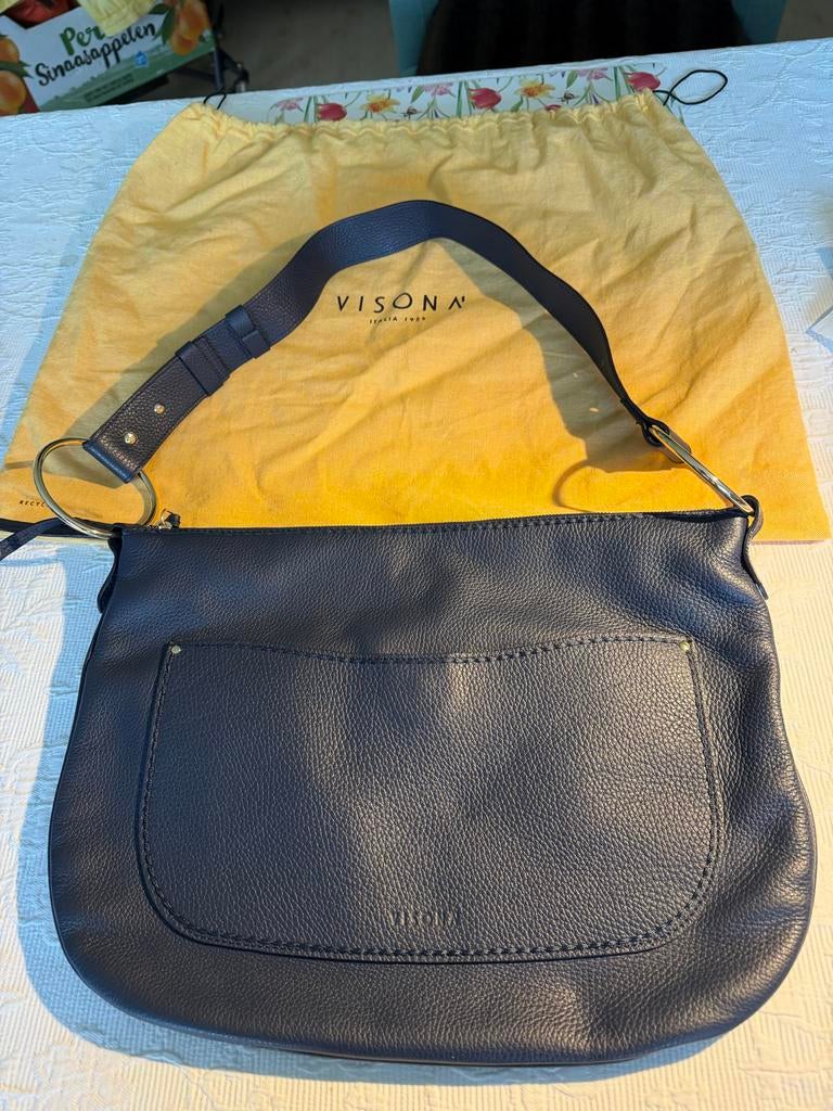 Plinio Visona Donkerblauwe Leren Tas 40x30 - Nieuw, Sieraden, Tassen en Uiterlijk, Tassen | Damestassen, Ophalen of Verzenden
