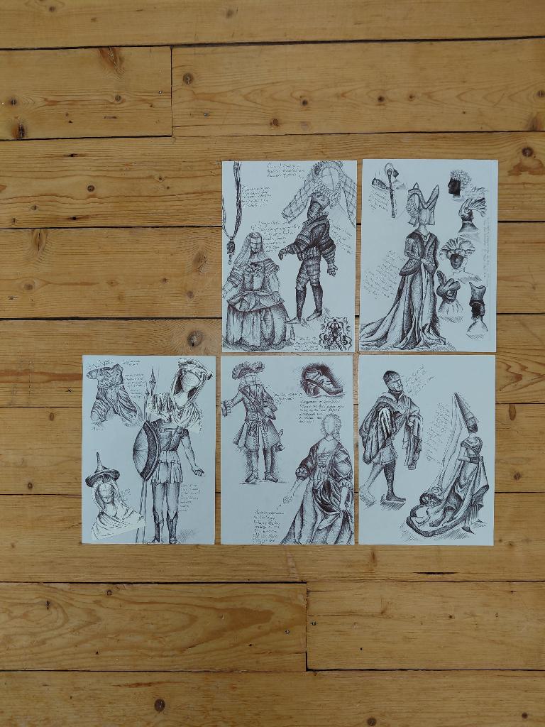 Originele pentekening - Schetsen van historische kostuums, Ophalen of Verzenden