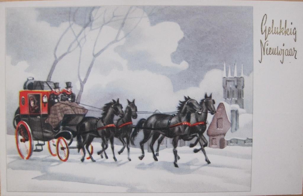 Gelukkig nieuwjaar - postkoets met zwarte paarden - nieuw, Verzamelen, Verzenden, 1960 tot 1980, Gelopen, Overige thema's