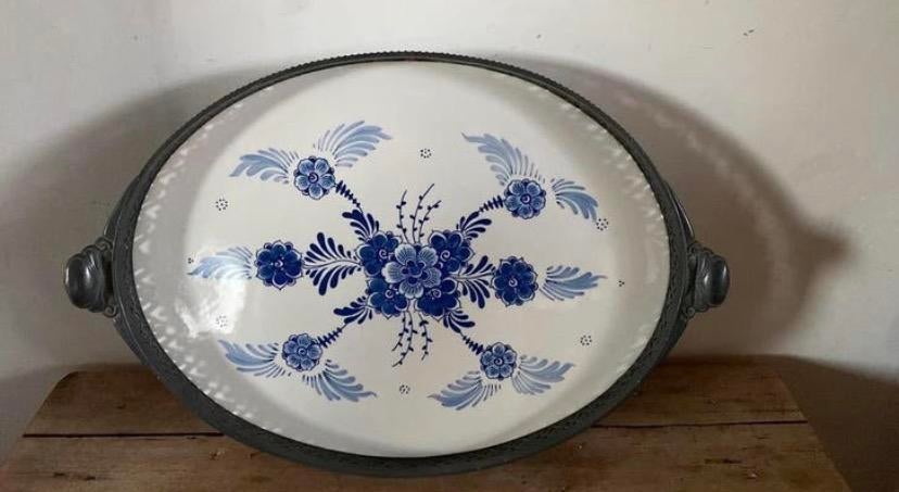 Groot dienblad blauw wit porcelein met tin, Ophalen of Verzenden