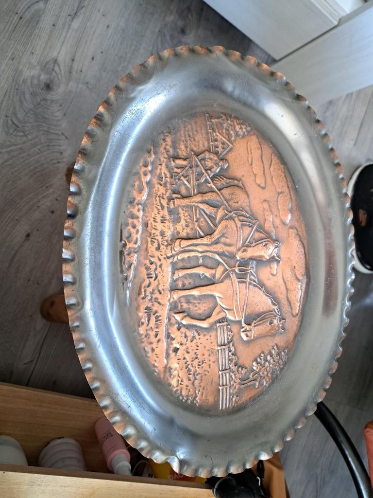 Koperen wandbord met boer en ploeg, Ophalen of Verzenden