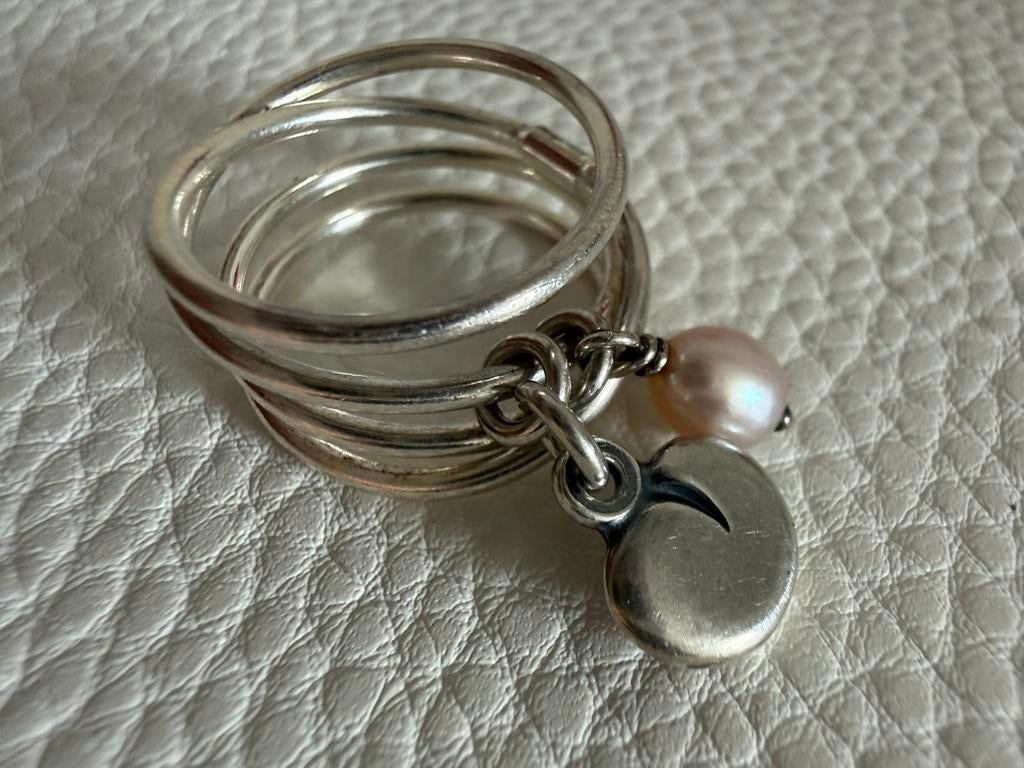 H156/Zilveren KALEVALA KORU zalmkleur Parel ring FINLAND 16, Gebruikt, Verzenden, Kleiner dan 17, X