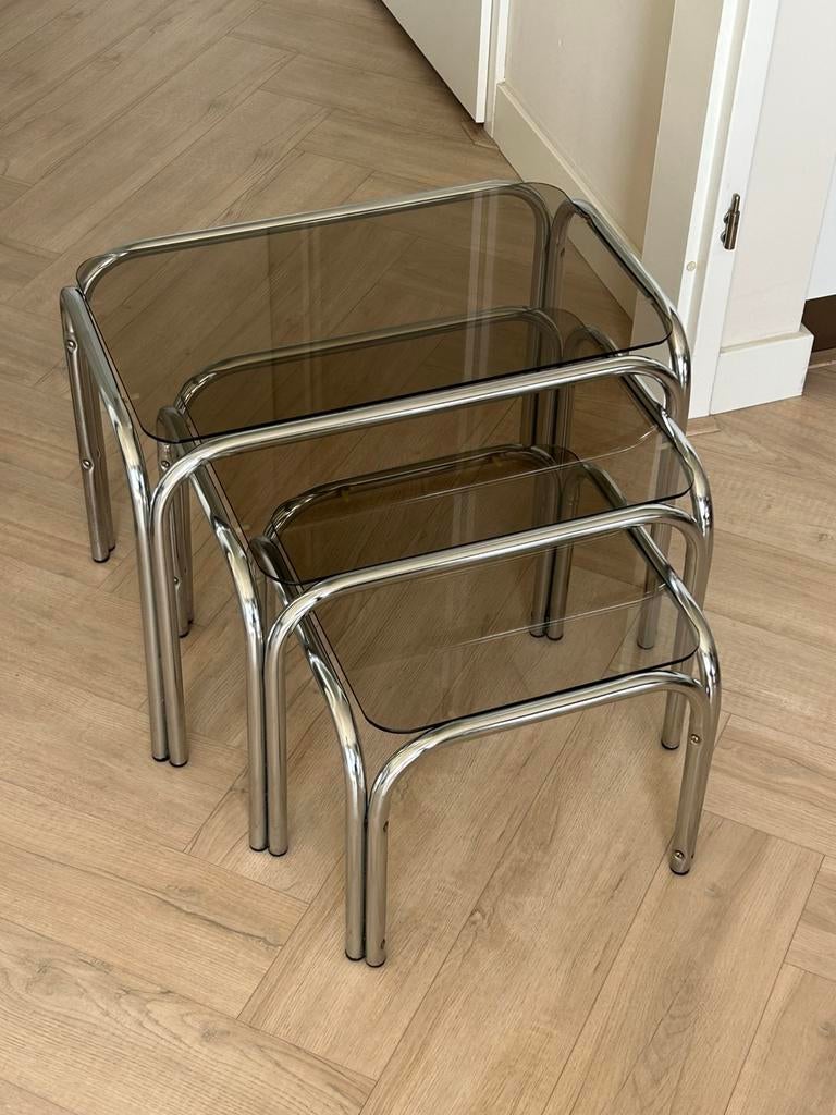 Vintage mimiset bijzettafels chroom bruin rookglas, Ophalen, Gebruikt, Rechthoekig