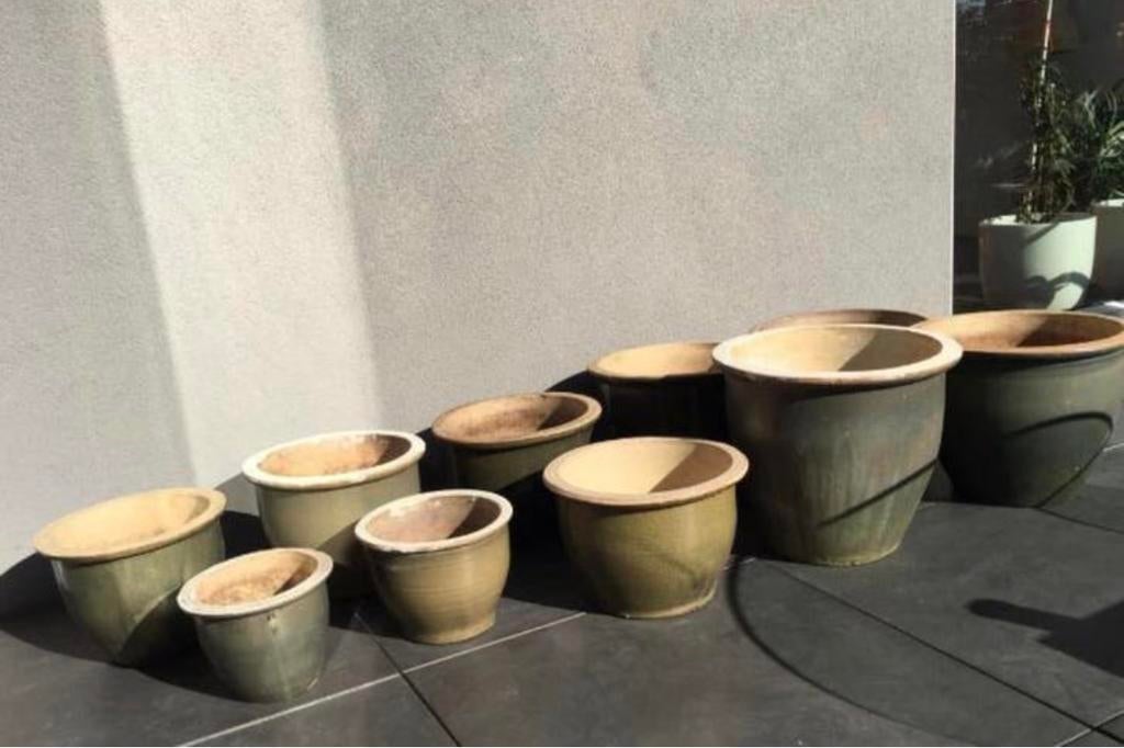 Oud Hollandse kwaliteit terracotta geglazuurde potten set 12, Tuin en Terras, 25 tot 40 cm, Gebruikt, Rond, Ophalen of Verzenden