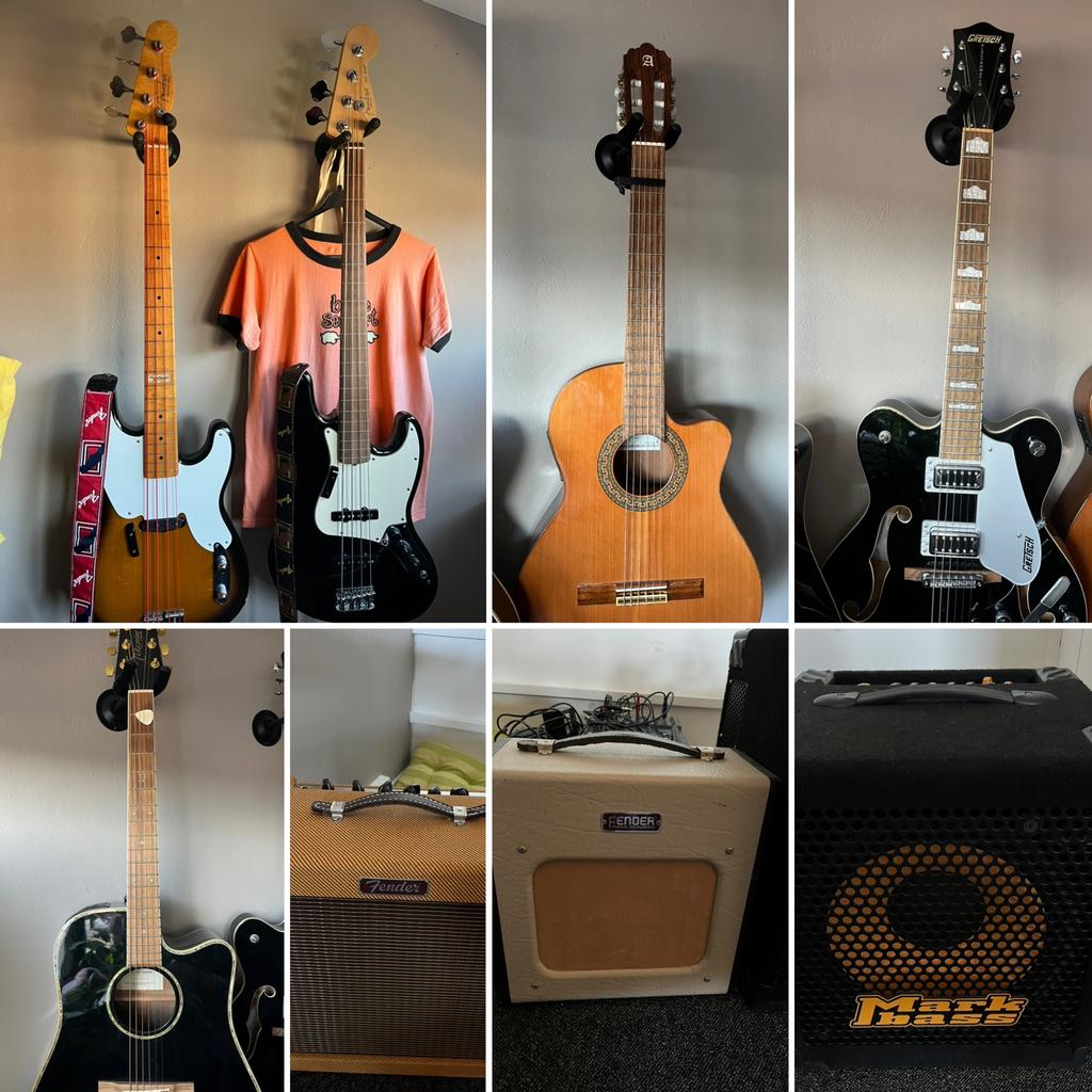 Gitaren, basgitaren en versterkers. Zie tekst, Muziek en Instrumenten, Snaarinstrumenten | Gitaren | Elektrisch, Zo goed als nieuw