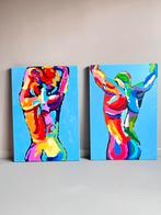 Tweeluik vrouw & man met paletmes gemaakt door kunstenares, Antiek en Kunst, Kunst | Schilderijen | Abstract, Ophalen