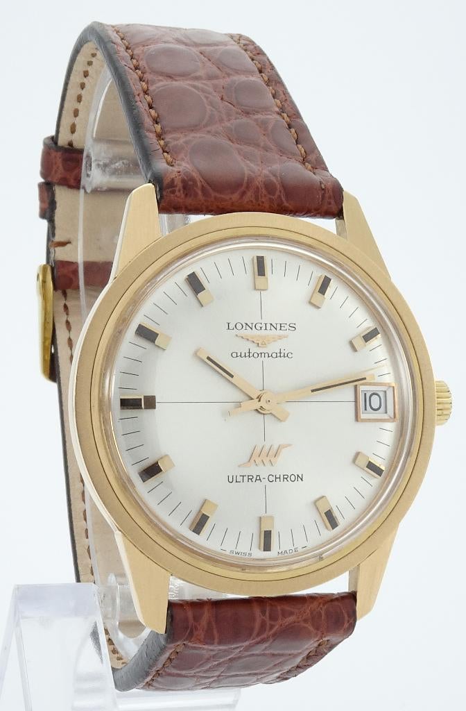 Longines Ultrachron automaat date 18 kt goud 1974 Excellent, Ophalen, Polshorloge, 1960 of later, Longines
