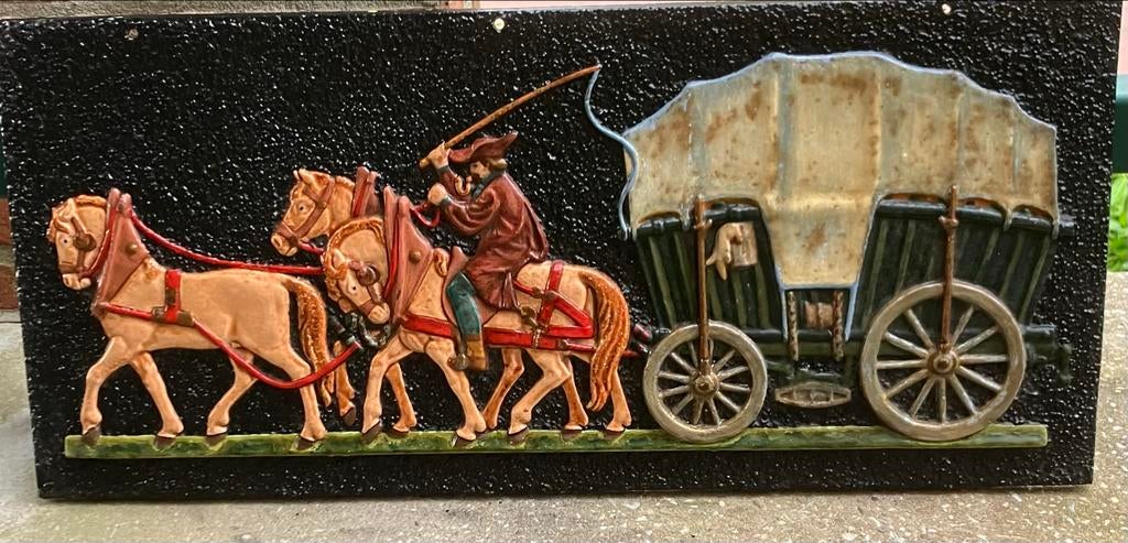 Gietijzeren voorstelling: Paarden met Huifkar, Ophalen, Gebruikt