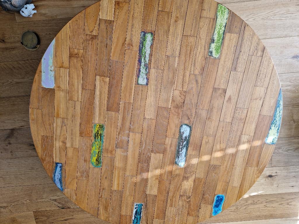 Leuke ronde salontafel D-bodhi hout/metaal in goede staat, Ophalen, Modern/Industrieel, Gebruikt, 50 tot 100 cm