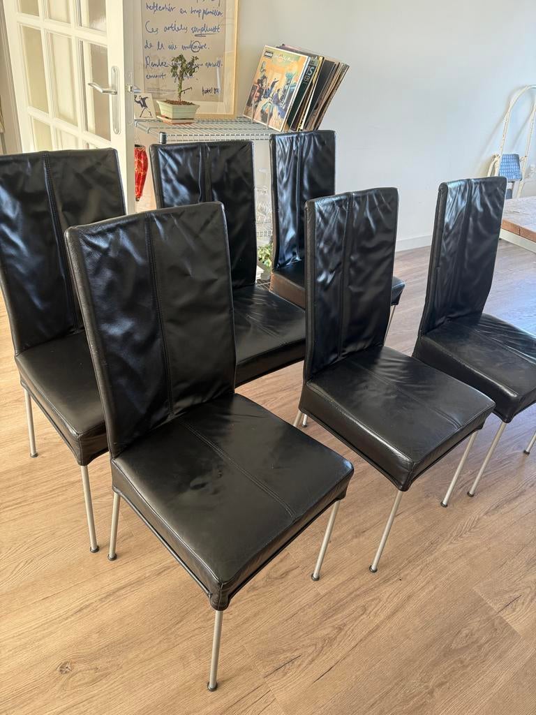 6x Zwarte Leren Eetkamerstoelen - HVS Design, Ophalen, Gebruikt, Zwart, Leer