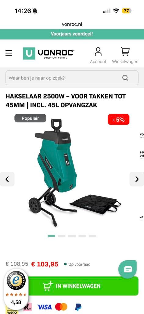 Venroc hakselaar, Tuin en Terras, Hakselaars, Ophalen, Zo goed als nieuw, Elektrisch, Met opvangzak