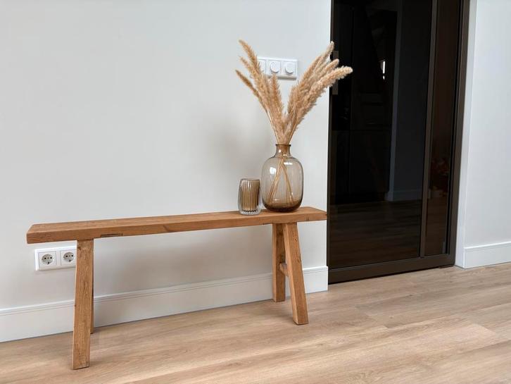 Teak houten bankje, landelijk sfeervol, Huis en Inrichting, Stoelen, Gebruikt, Eén, Hout, Bruin, Ophalen of Verzenden