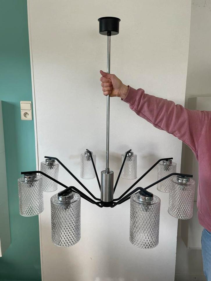 Vintage Luster Kroonluchter met 8 Glazen Kappen, Huis en Inrichting, Lampen | Hanglampen, Gebruikt, 75 cm of meer, Glas, Ophalen