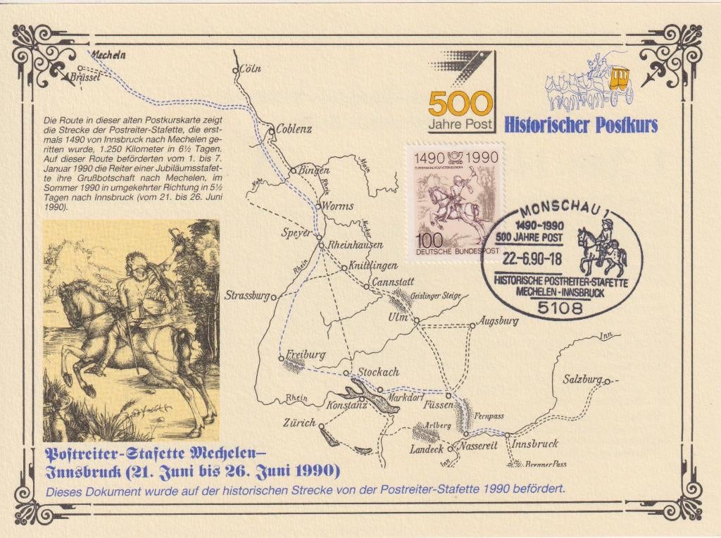 Duitsland 1990 500 jaar POST MAXI kaart Route Innsbruck, Postzegels en Munten, Verzenden, Overige typen