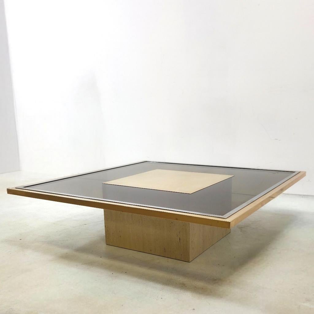 Design salontafel Georges Mathias travertin messing glas 70s, Ophalen, 100 tot 150 cm, 50 tot 100 cm, Glas