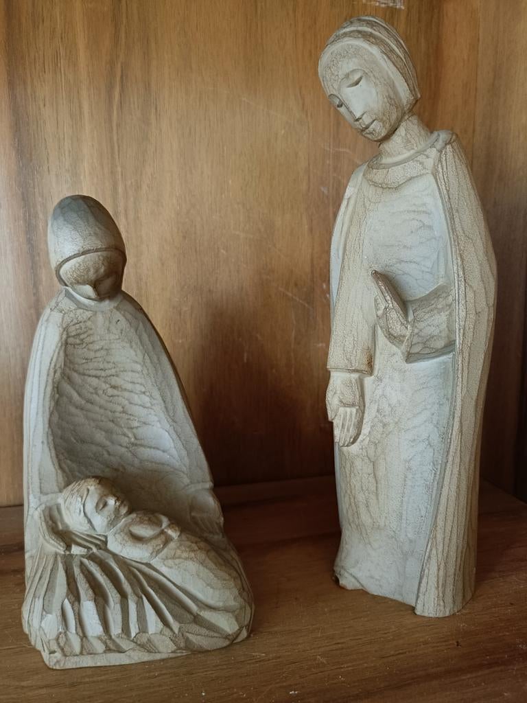 Houten Kerststal Beeldjes: Jozef, Maria en Kindje Jezus, Ophalen