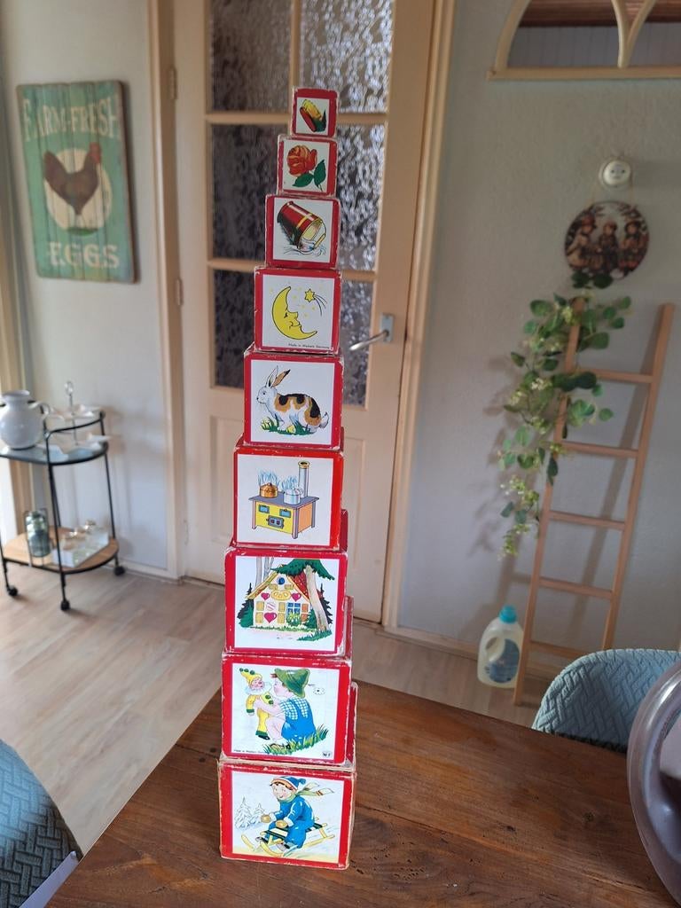 Oude houten stapelkubussen, Kinderen en Baby's, Speelgoed | Houten speelgoed, Ophalen, Gebruikt