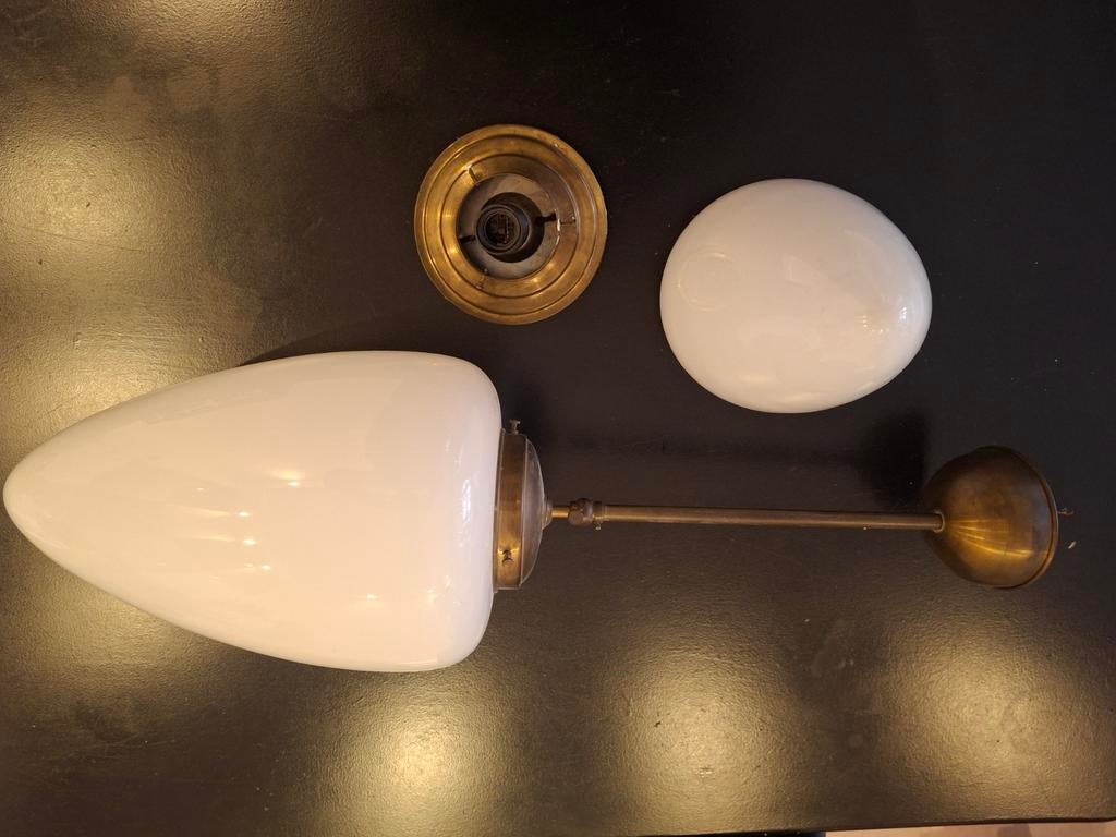 Art Deco lampen set: messing plafonnière & hanglamp melkglas, Antiek en Kunst, Ophalen of Verzenden