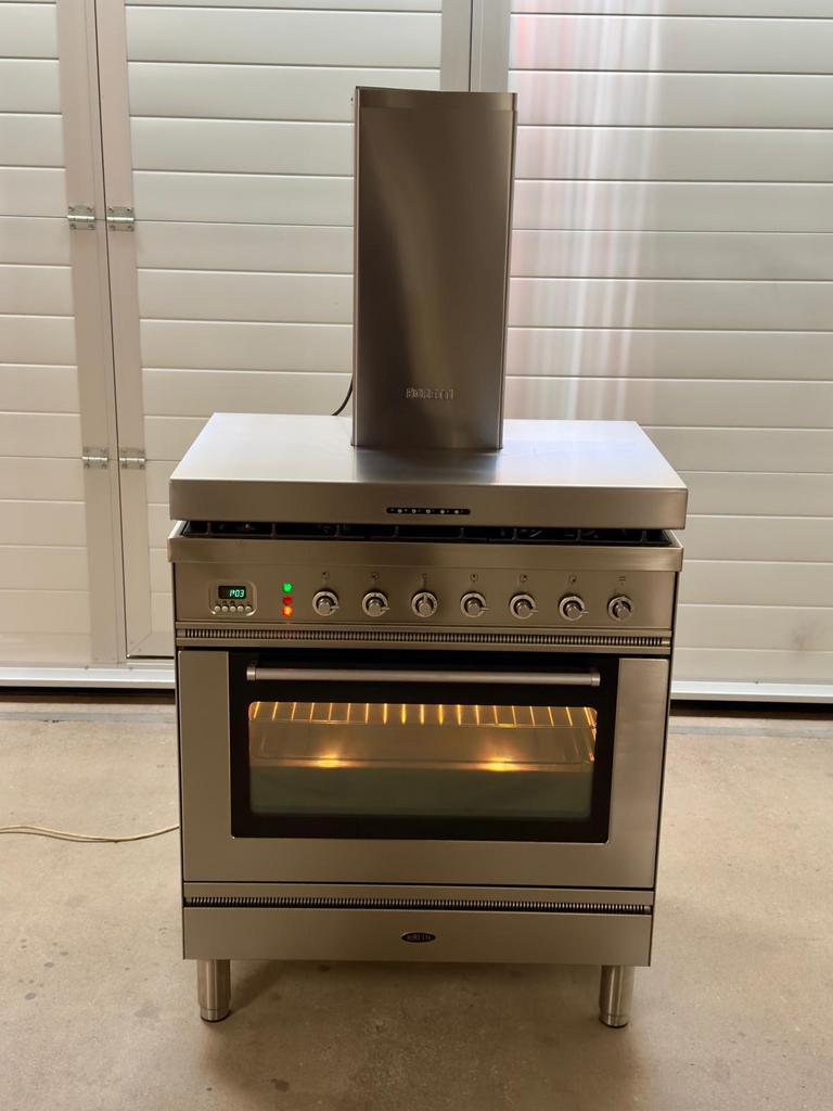 Gasfornuis 80 cm breed + afzuigkap Boretti, Ophalen, Warmhoudplaat, 60 cm of meer, Zo goed als nieuw