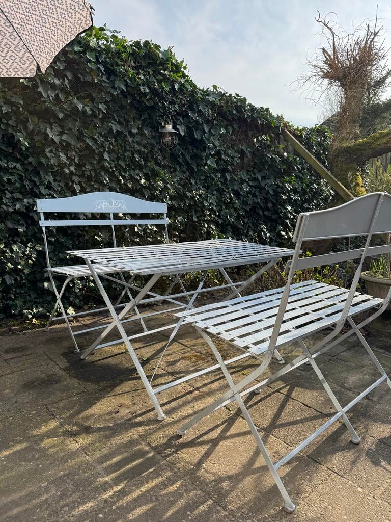 Metalen bistroset 'Café Paris' - lichtblauw, Tuin en Terras, Tuinsets en Loungesets, Overige materialen, Gebruikt, Eettafel, Tuinset