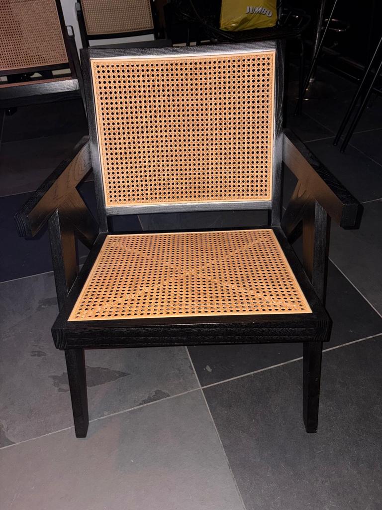 Stoel design hout/riet zwart, Tuin en Terras, Tuinstoelen, Ophalen, Zo goed als nieuw, Hout