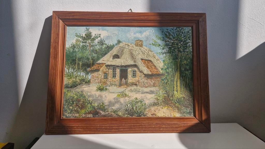 Victor Jacobs - Landelijk Schilderij met  boerderij, Antiek en Kunst, Kunst | Schilderijen | Klassiek, Ophalen of Verzenden