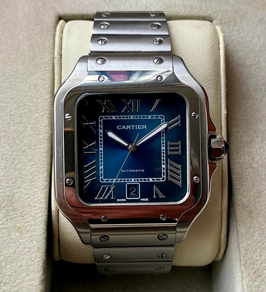 Cartier santos 100 XL automaat., Sieraden, Tassen en Uiterlijk, Horloges | Heren, Overige merken, Staal, Staal, Polshorloge