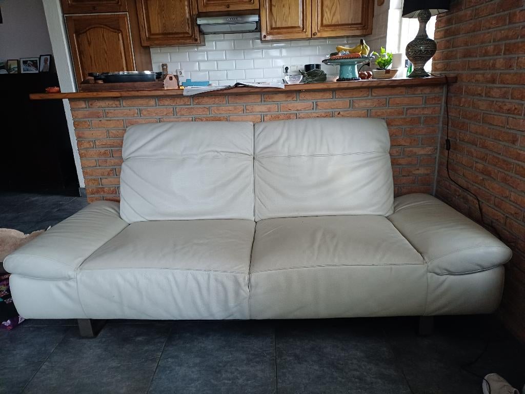 Witte leren bank 2-3 persoons, Ophalen, Gebruikt, Driepersoons, 75 tot 100 cm