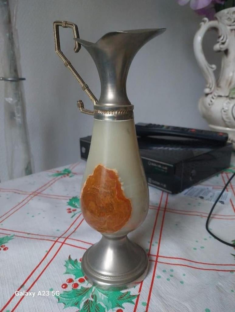 Amfoor marmer onyx messing vaasje, Ophalen of Verzenden