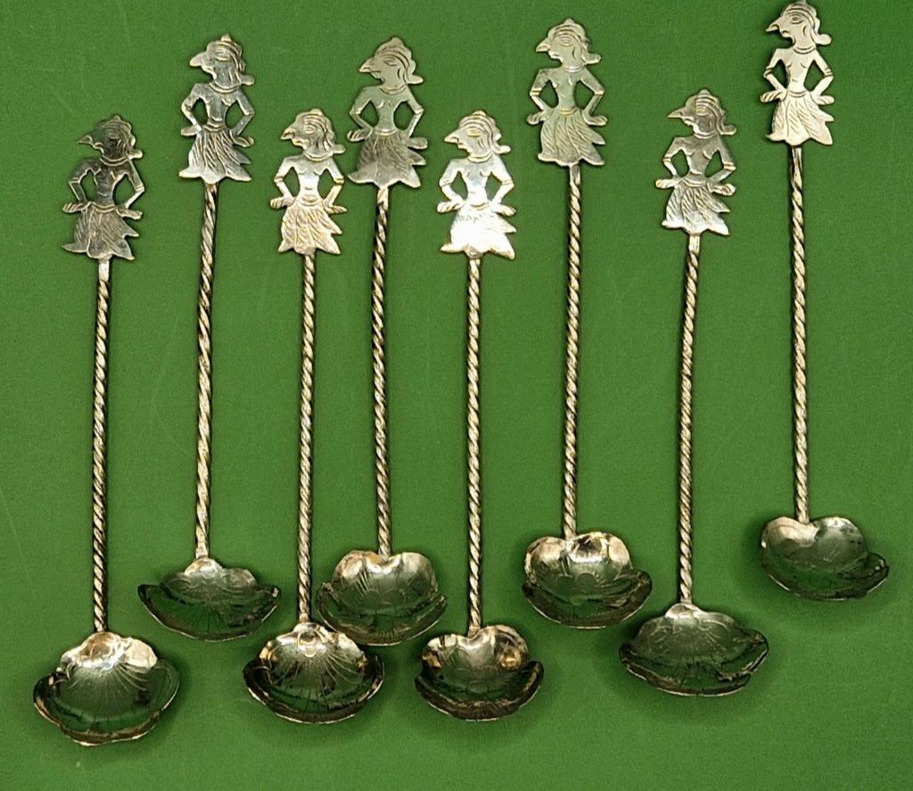 8 verzilverde Javaanse Djokja kruiden lepeltjes, Antiek en Kunst, Ophalen of Verzenden