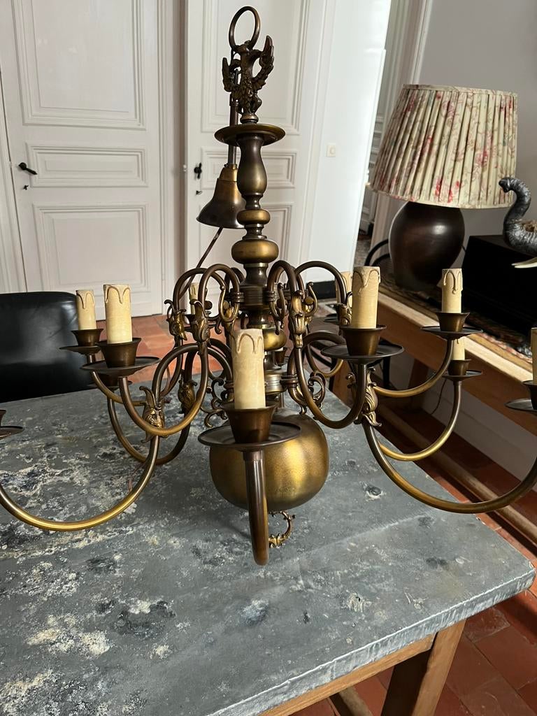 VINTAGE MESSING KROONLUCHTER 12 ARMEN WERKT PERFECT, Huis en Inrichting, Lampen | Kroonluchters, Ophalen, Gebruikt