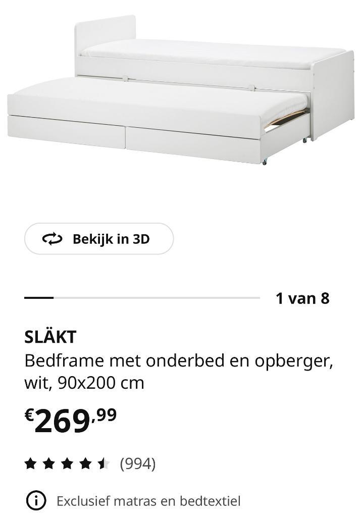 Bed met logeerbed en opberglades Ikea Släkt 90x200, Huis en Inrichting, Slaapkamer | Bedden, Gebruikt, Tweepersoons, 90 cm, 200 cm