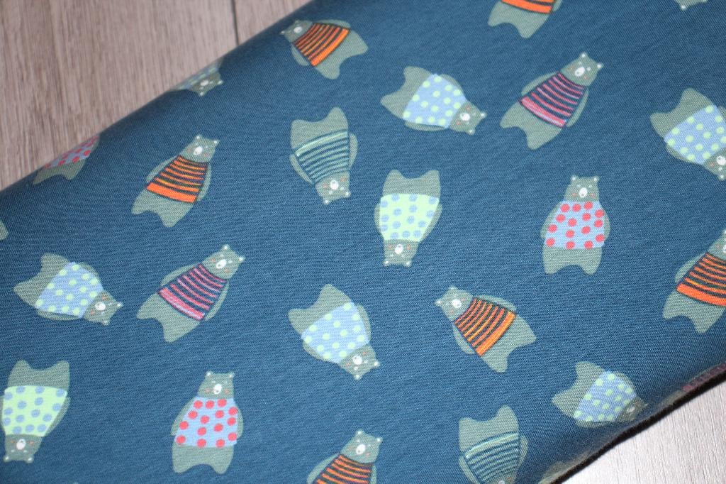 Tricot katoen stof Megan blue - Blauw beren print #3055, Hobby en Vrije tijd, Stoffen en Lappen, Blauw, 120 cm of meer, Ophalen of Verzenden
