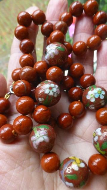 Collier echte Jaspis en Emaille Cloisonné Kralen / 58 cm beschikbaar voor biedingen