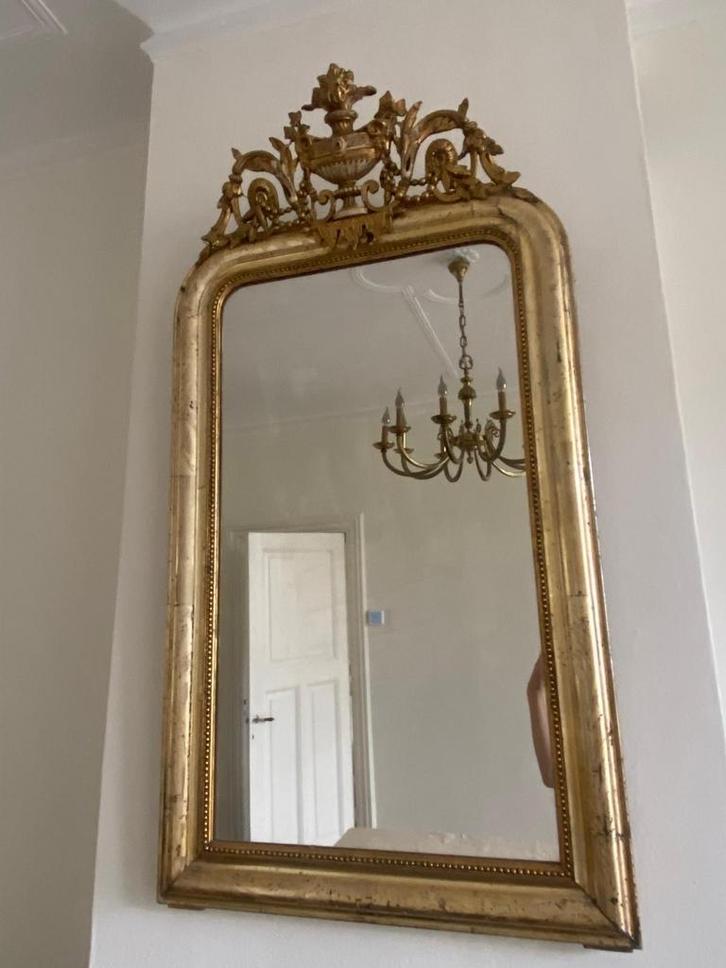 Antieke Franse Spiegel met Gouden Lijst, Antiek en Kunst, Antiek | Spiegels, 50 tot 100 cm, 100 tot 150 cm, Ovaal, Ophalen of Verzenden