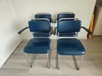 4x Gispen 201 buisframe stoelen, Huis en Inrichting, Ophalen, Blauw, Leer, Zo goed als nieuw