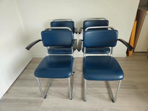 4x Gispen 201 buisframe stoelen, Huis en Inrichting, Stoelen, Zo goed als nieuw, Vier, Leer, Blauw, Ophalen