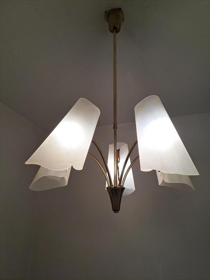 Vintage jaren 50 design luchter, hanglamp, Huis en Inrichting, Lampen | Hanglampen, Gebruikt, 75 cm of meer, Kunststof, Metaal