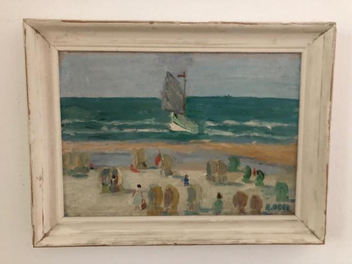 Strandgezicht Rita Oger olieverf op paneel, Antiek en Kunst, Kunst | Schilderijen | Klassiek, Ophalen of Verzenden