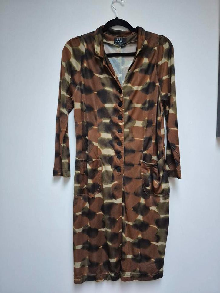ML Collections Jurk - Maat 42- Bruin/Groen, Kleding | Dames, Jurken, Zo goed als nieuw, Maat 42/44 (L), Bruin, Knielengte, Verzenden