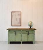 Werkbank, Groene werkbank, Industrieel dressoir, Kookeiland, Antiek en Kunst, Curiosa en Brocante, Ophalen of Verzenden