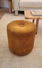 Vintage fluweel velours ronde poef voetenbank goud bruin, Ophalen of Verzenden, Rond, Minder dan 50 cm, Minder dan 50 cm