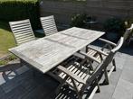 Degelijke hardhouten tuinset, 4 stoelen, uitschuifbare tafel, Tuin en Terras, Ophalen, Zo goed als nieuw