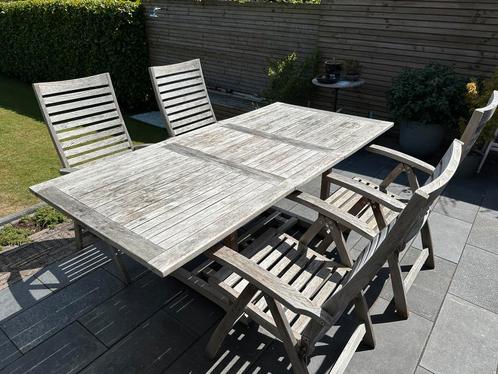 Degelijke hardhouten tuinset, 4 stoelen, uitschuifbare tafel, Tuin en Terras, Tuinsets en Loungesets, Zo goed als nieuw, Ophalen