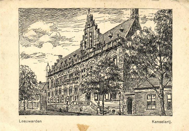 Leeuwarden - Kanselarij. - tekening - 1936 gelopen, Verzamelen, Ansichtkaarten | Nederland, Ongelopen, Friesland, Voor 1920, Ophalen of Verzenden