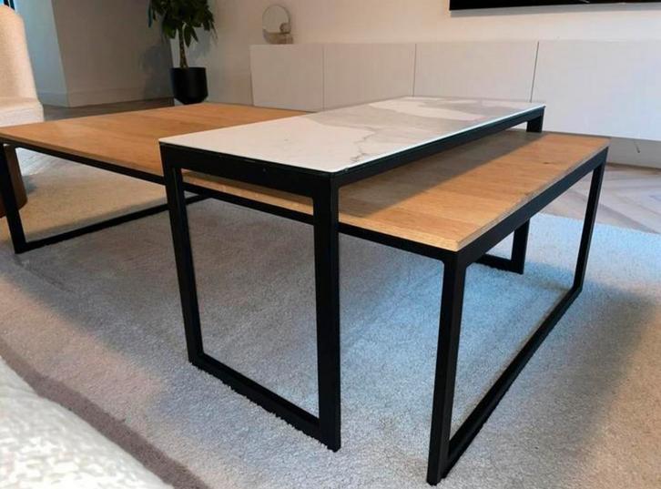 Salontafel + overschuiftafel Montèl Tempo – eiken & keramiek, Huis en Inrichting, Tafels | Salontafels, Zo goed als nieuw, Minder dan 50 cm