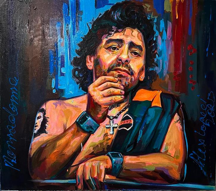 Alex L- Diego Maradona- Handgeschilderd (100%)- Origineel, Antiek en Kunst, Kunst | Schilderijen | Modern, Ophalen of Verzenden