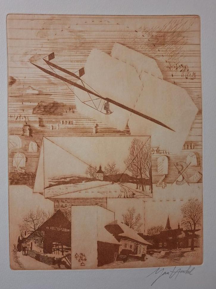 Moderne Ets met Vliegtuig en Landschappen Jan henkel, Antiek en Kunst, Kunst | Etsen en Gravures, Ophalen of Verzenden