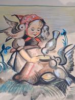 Pastel tekening , Hummeltje, meisje met vogels, Huis en Inrichting, Minder dan 50 cm, Tekening, Ophalen of Verzenden, Zo goed als nieuw