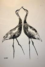 Aquarel van twee kraanvogels, Ophalen of Verzenden